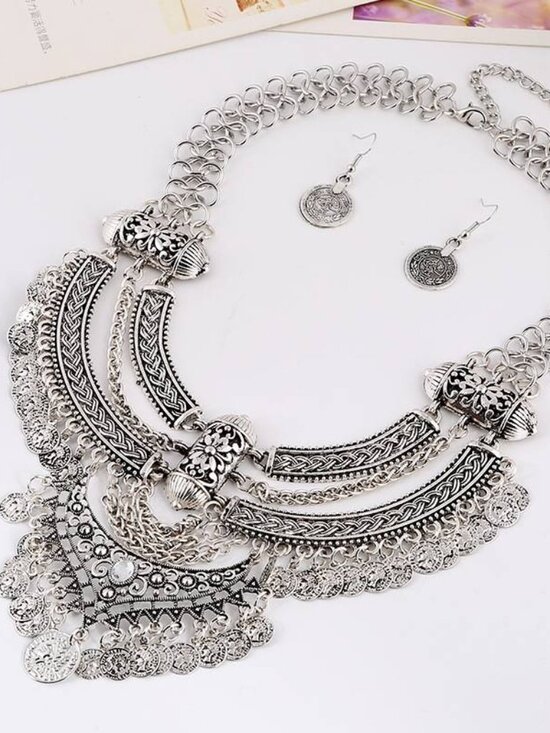 081 Antique Silvery Vintage Coin Necklace with Crescent Moon Tassel & Earrings - Picture 1 of 1